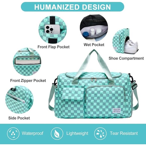Women Blue Checkered Small Gym Carry On Weekender Travel Shoe Compartment Bag - Picture 4 of 6